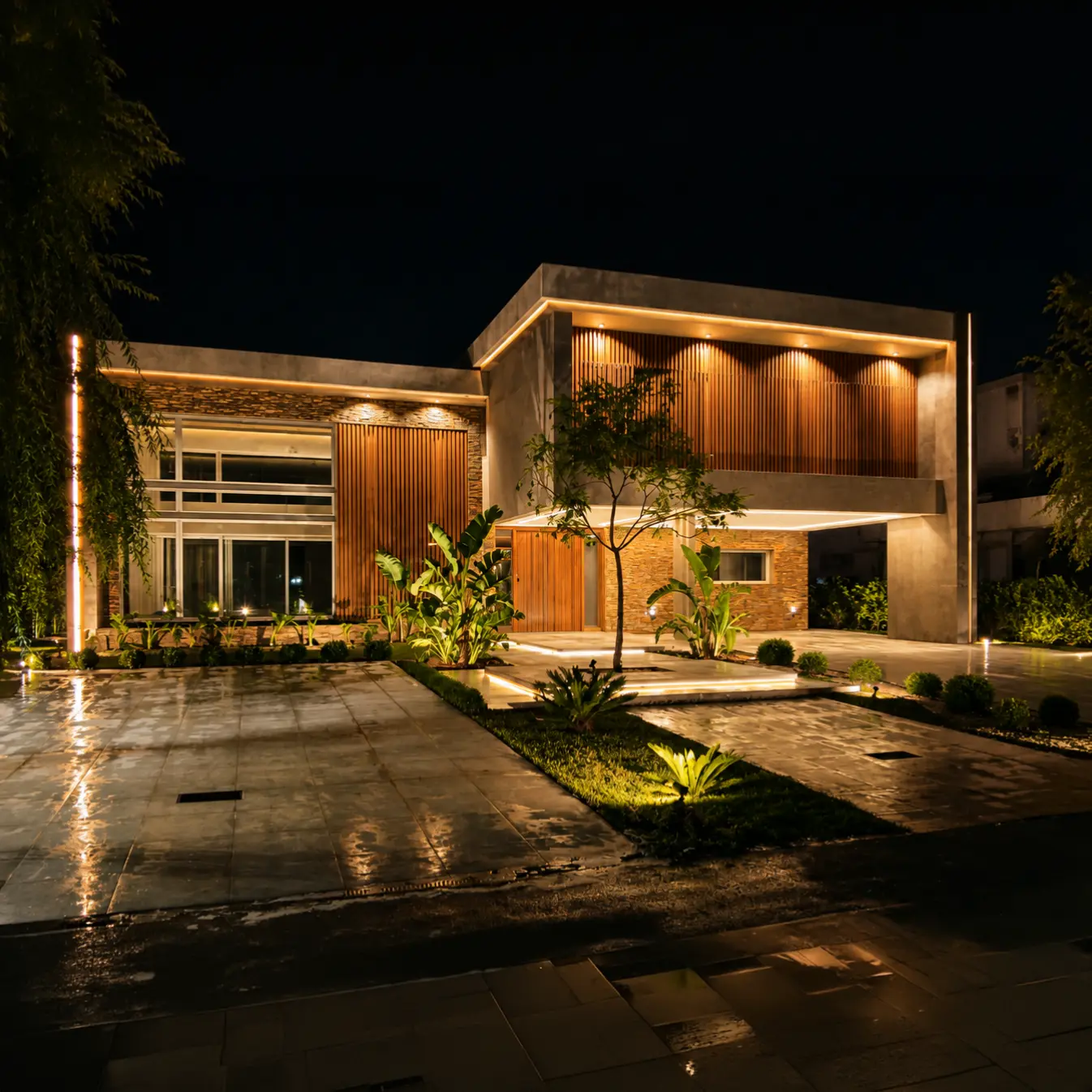 Obra 716 — Casa moderna con iluminación exterior nocturna y jardín, Barrio La Lomada de Pilar