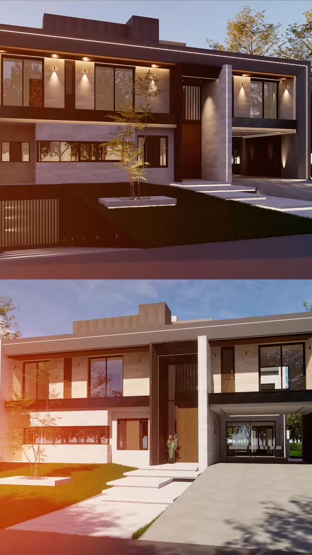 Render de vivienda en versión nocturna y diurna