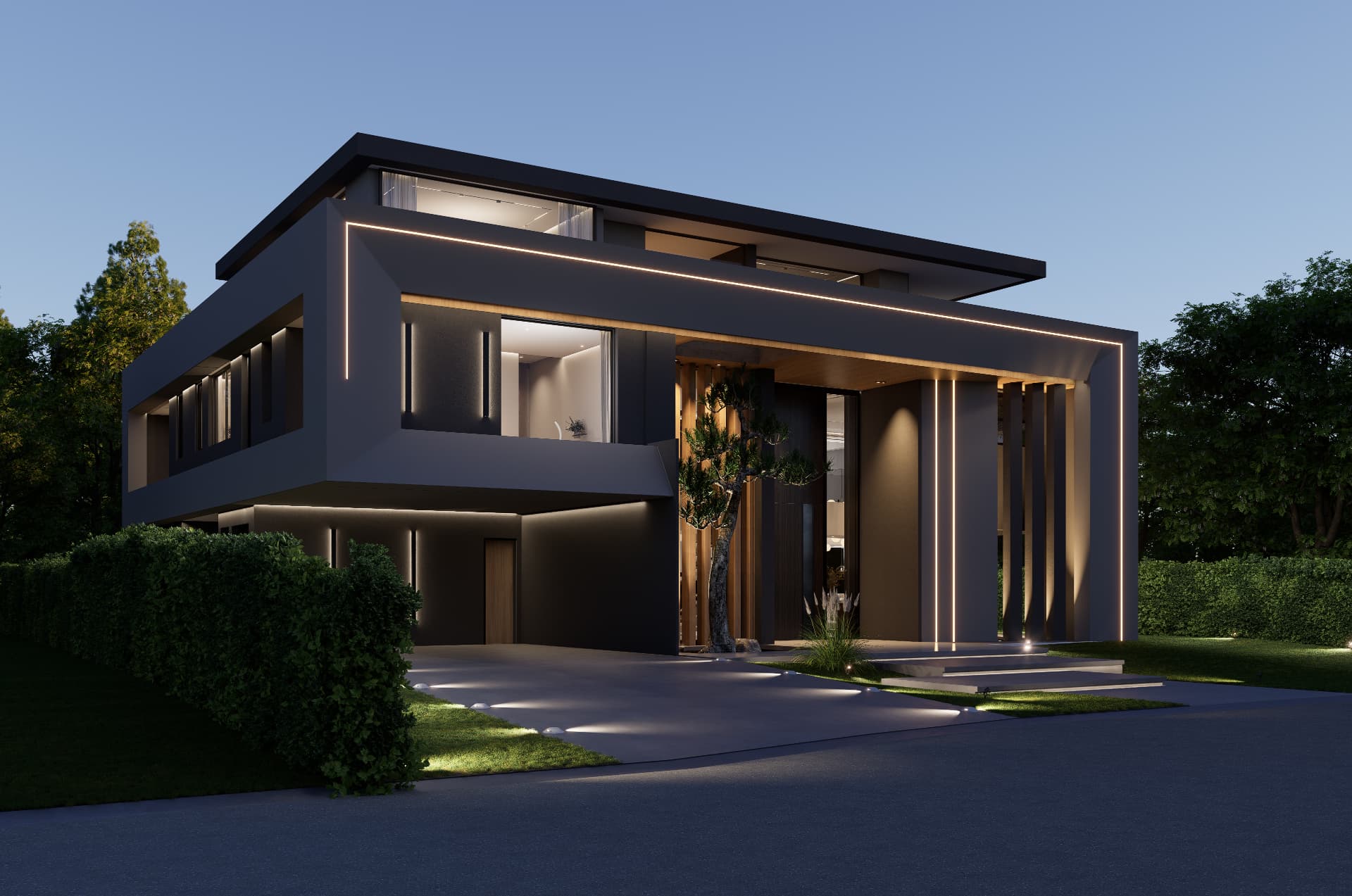 Obra 698 — Casa moderna con iluminación exterior nocturna, Barrio La Lomada de Pilar