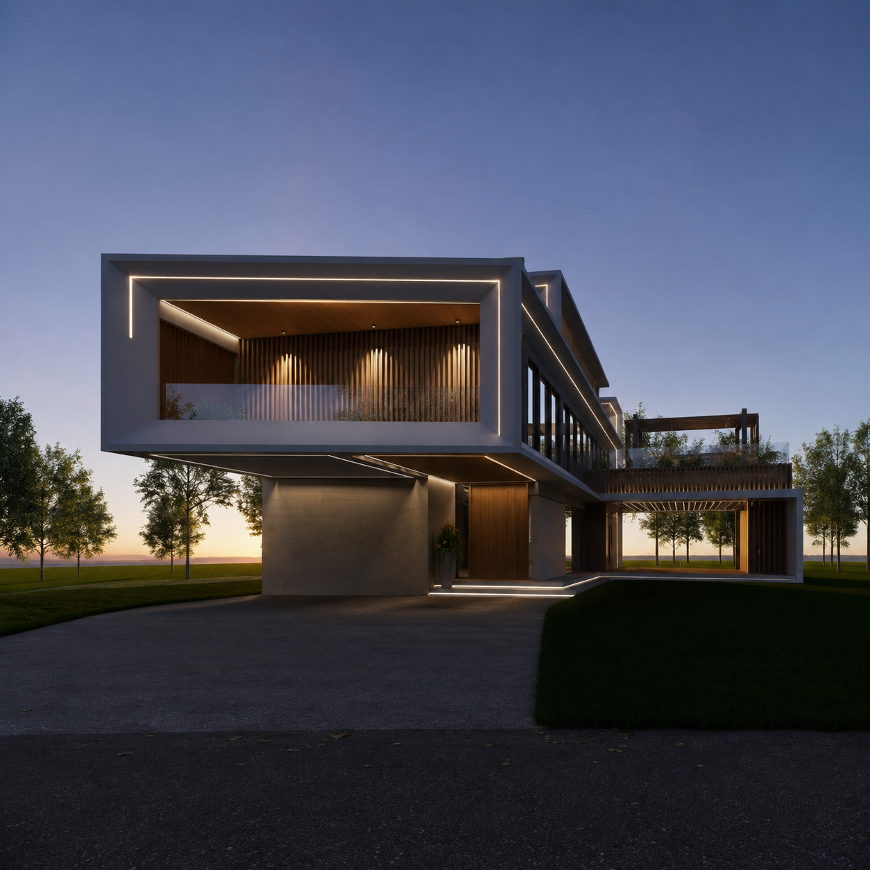 Obra 238 — Casa moderna con voladizo iluminada al atardecer, Barrio La Lomada de Pilar