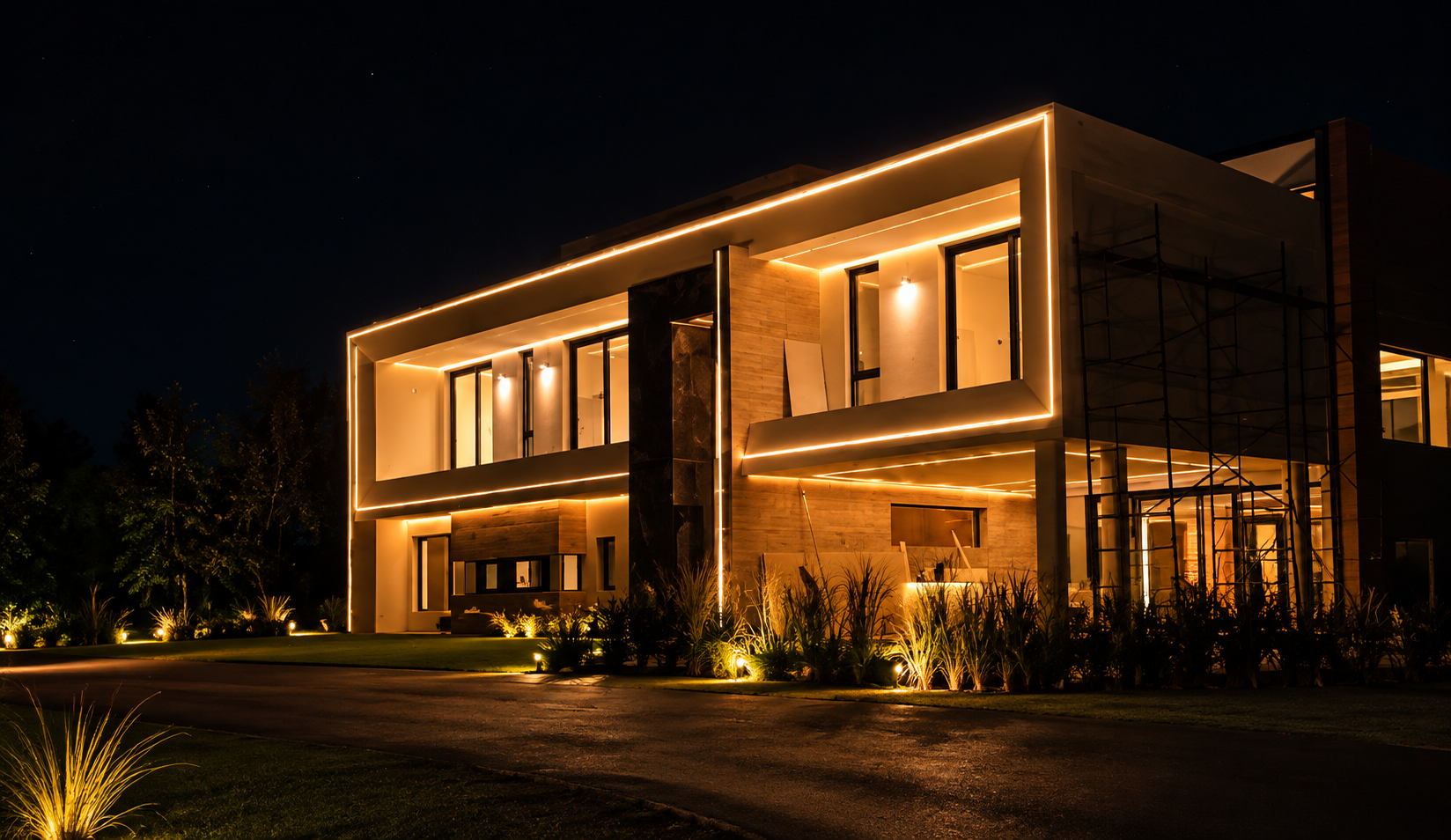 Obra 690 — Casa moderna de dos pisos con iluminación cálida exterior nocturna