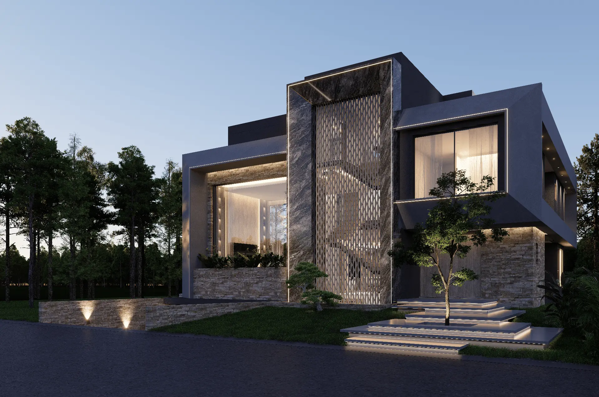 Obra 653 — Casa moderna con iluminación exterior nocturna, Barrio La Lomada de Pilar